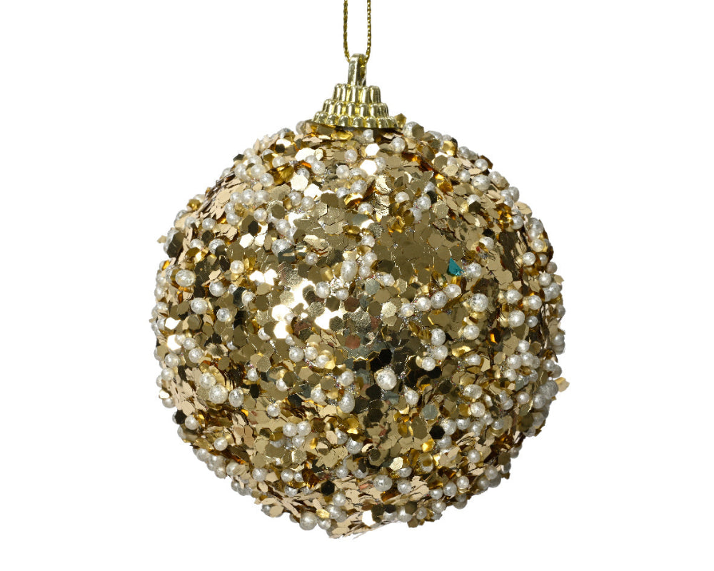 8cm Bauble Foam Beads & Sequins Light Gold
