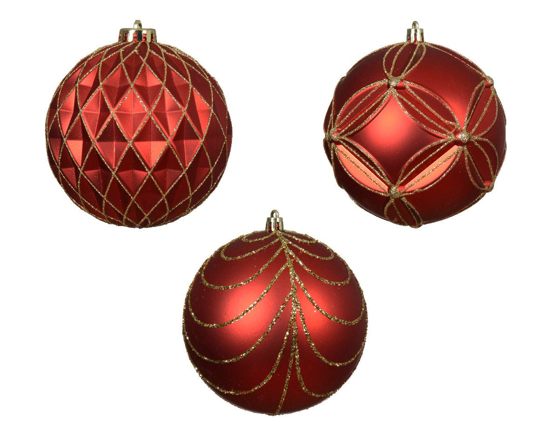 Kaemingk Shatterproof Baubles Red W/ Gold Lines - Set of 3