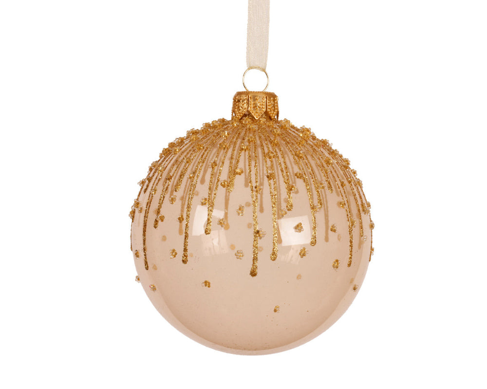 8cm Glass Bauble Transparent With Glitter Lines Pearl