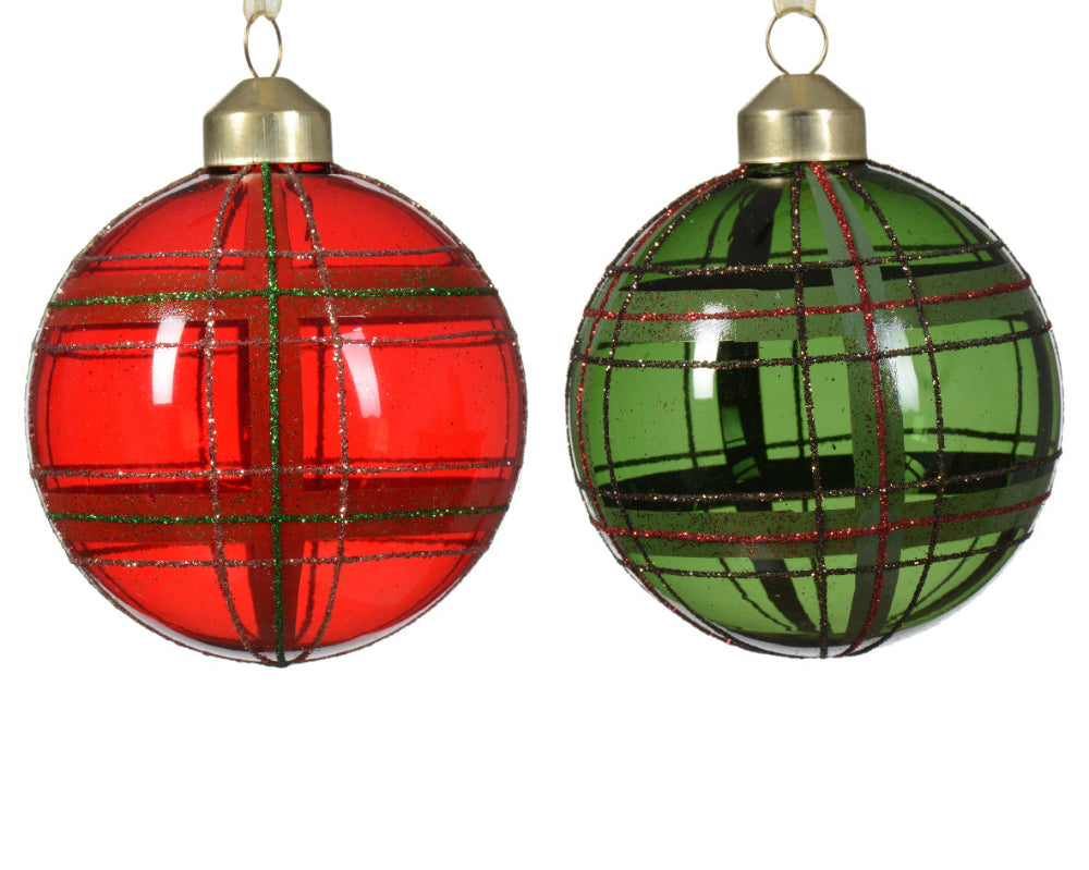 8cm Glass Bauble Transparent With Glitter Crossing Lines