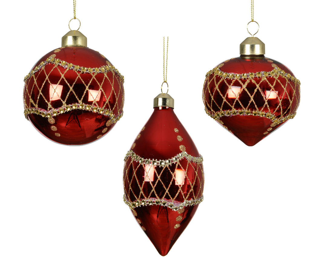 8cm Glass Bauble Shiny With Gold Beads