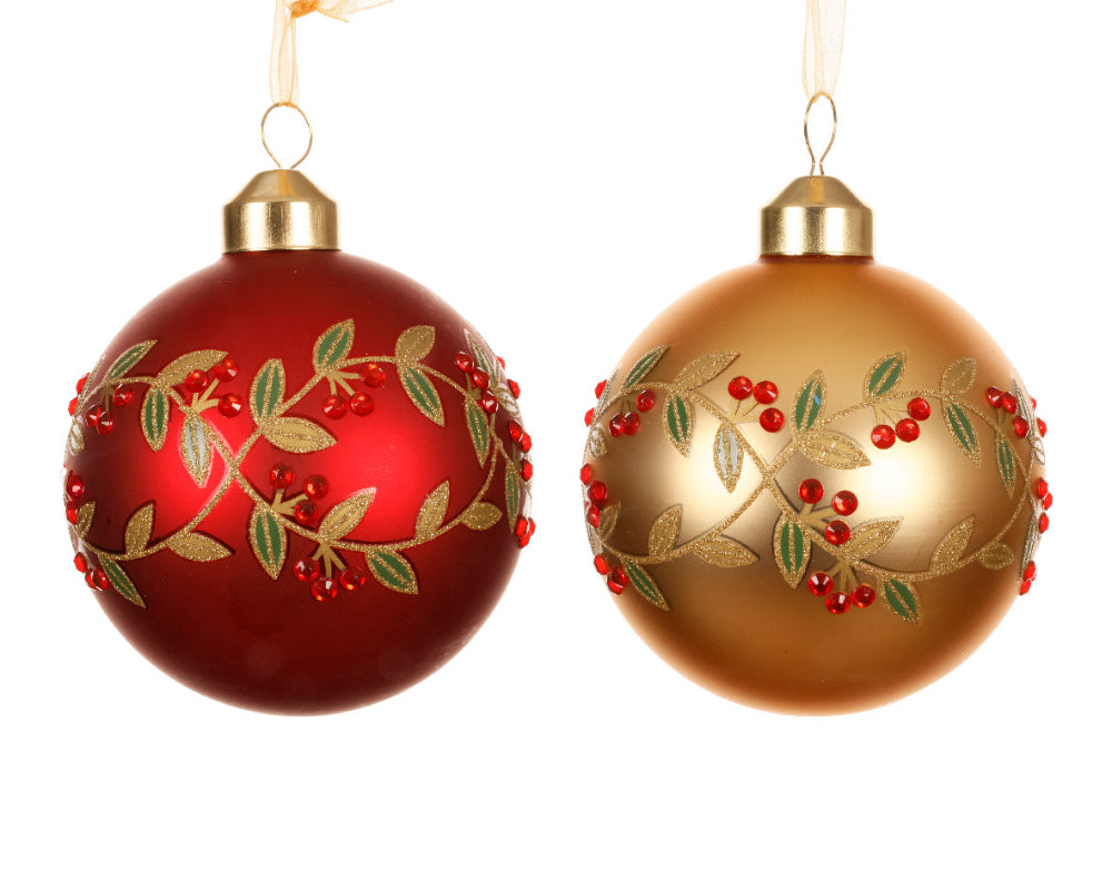 8cm Glass Bauble Matt With Leaves & Red Beads