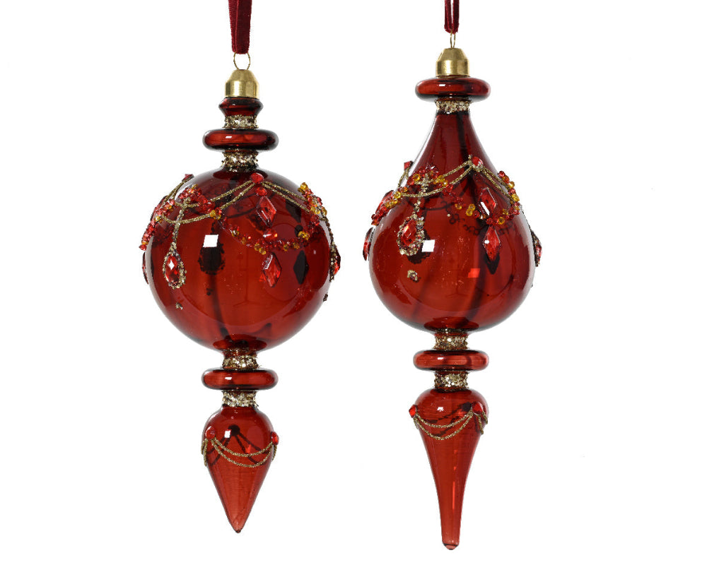 18cm Glass Ornament With Glitter Beads & Diamonds Oxblood