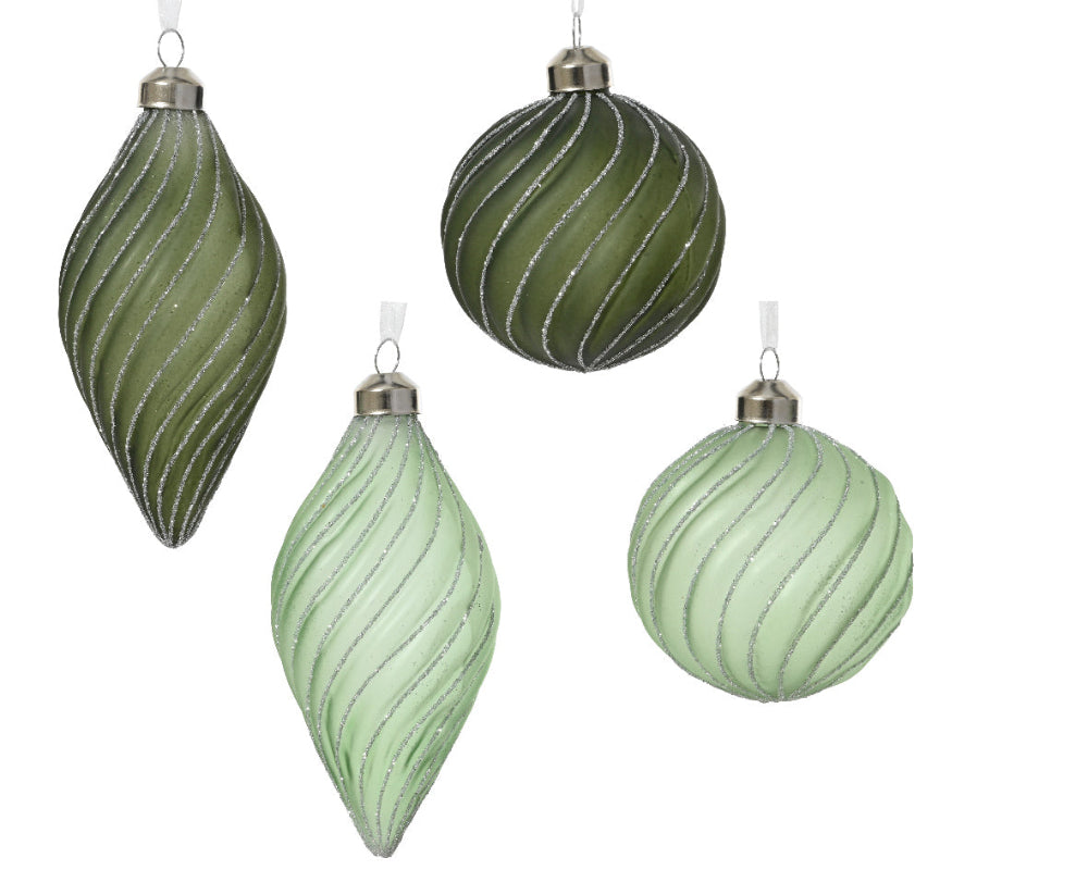 8cm Glass Bauble Transparent Green With Glitter