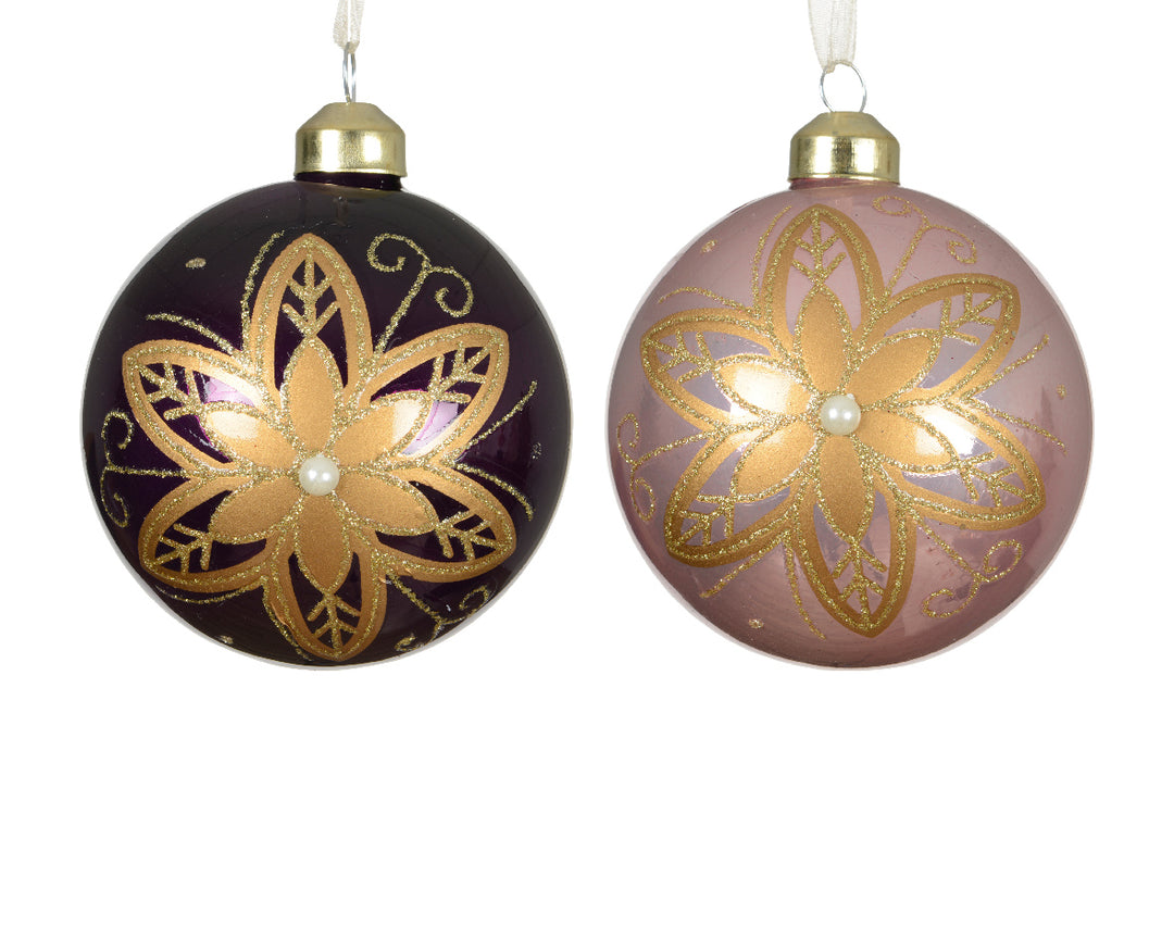 8cm Glass Bauble Enamel With Gold Flowers