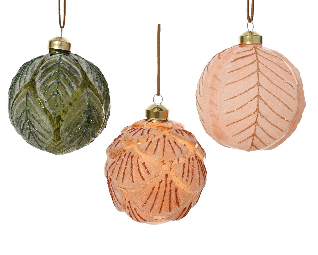 8cm Glass Bauble Shiny Enamel With Leaves
