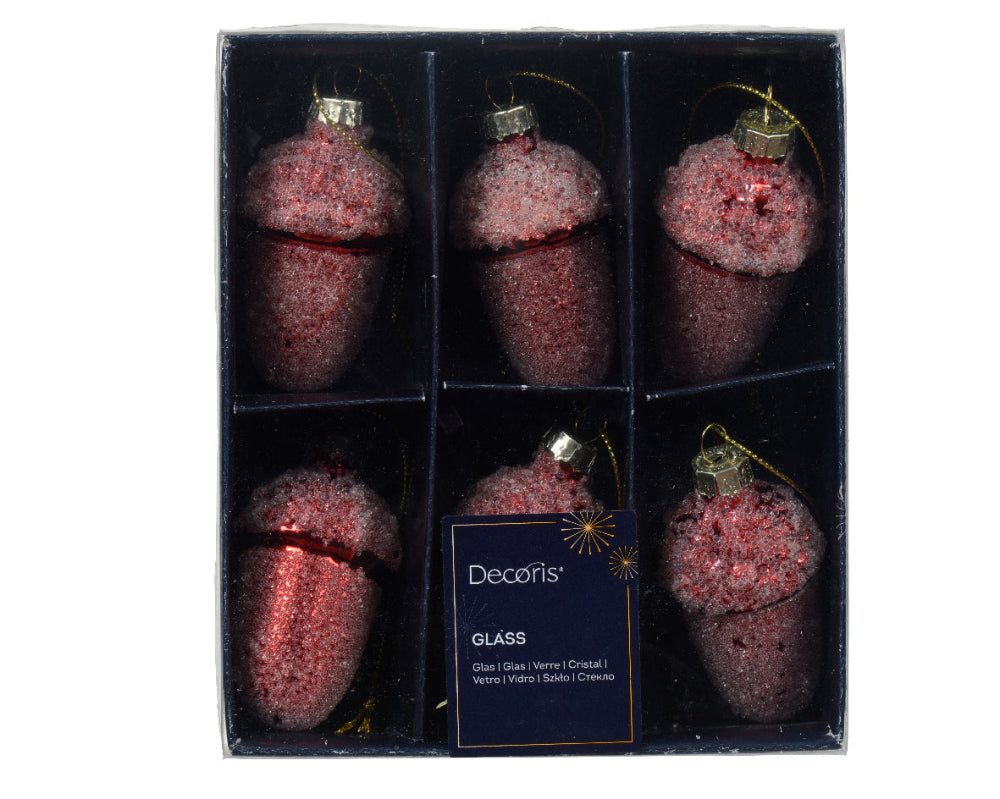 Box Of 6 Acorn Glass With Beads Christmas Red