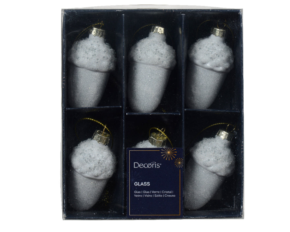 Box Of 6 Acorn Glass With Beads Winter White