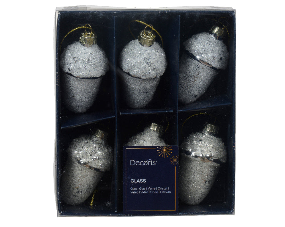 Box Of 6 Acorn Glass With Beads Silver