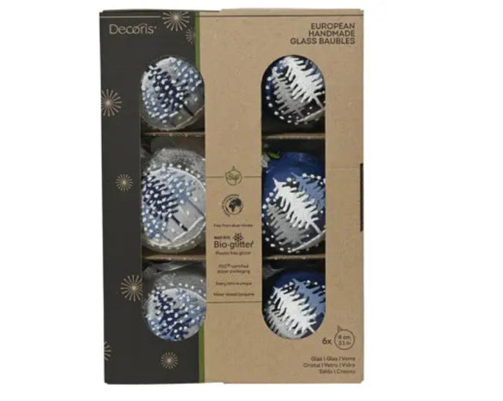 8cm Glass Bauble - Blue & White 6 Pack Box 