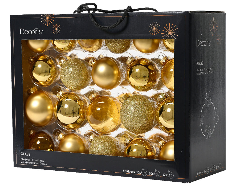 Box of 42 Glass Baubles Light Gold