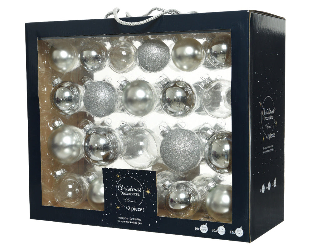 Box of 42 Glass Baubles Silver
