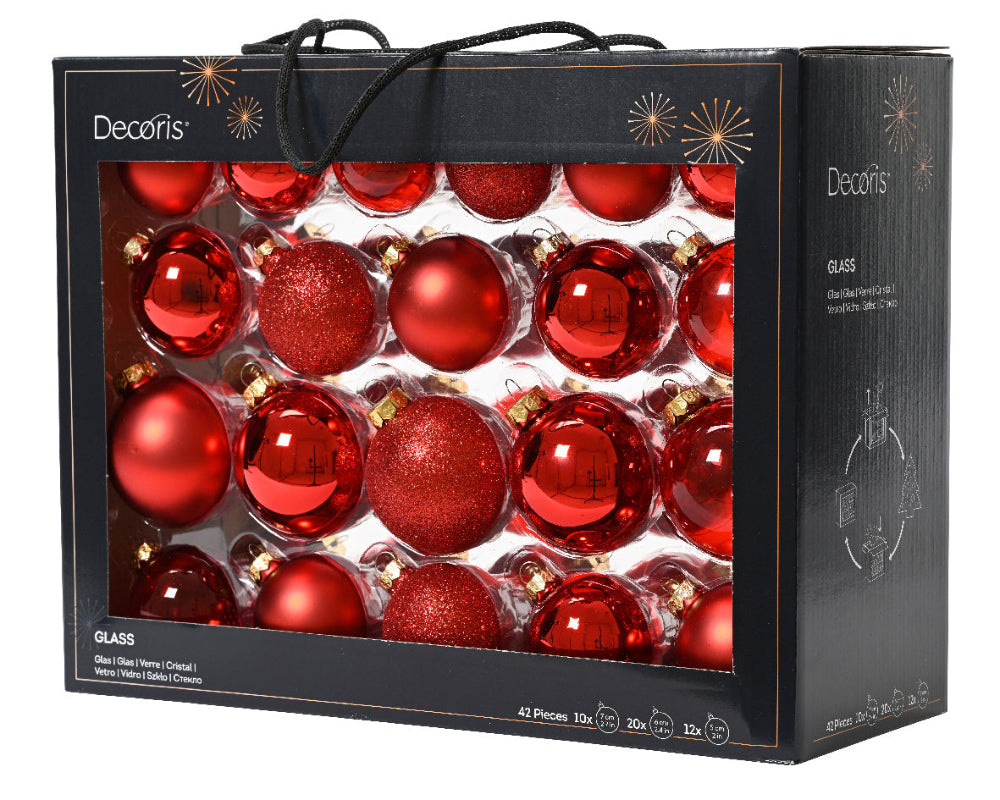 Box of 42 Glass Baubles Christmas Red