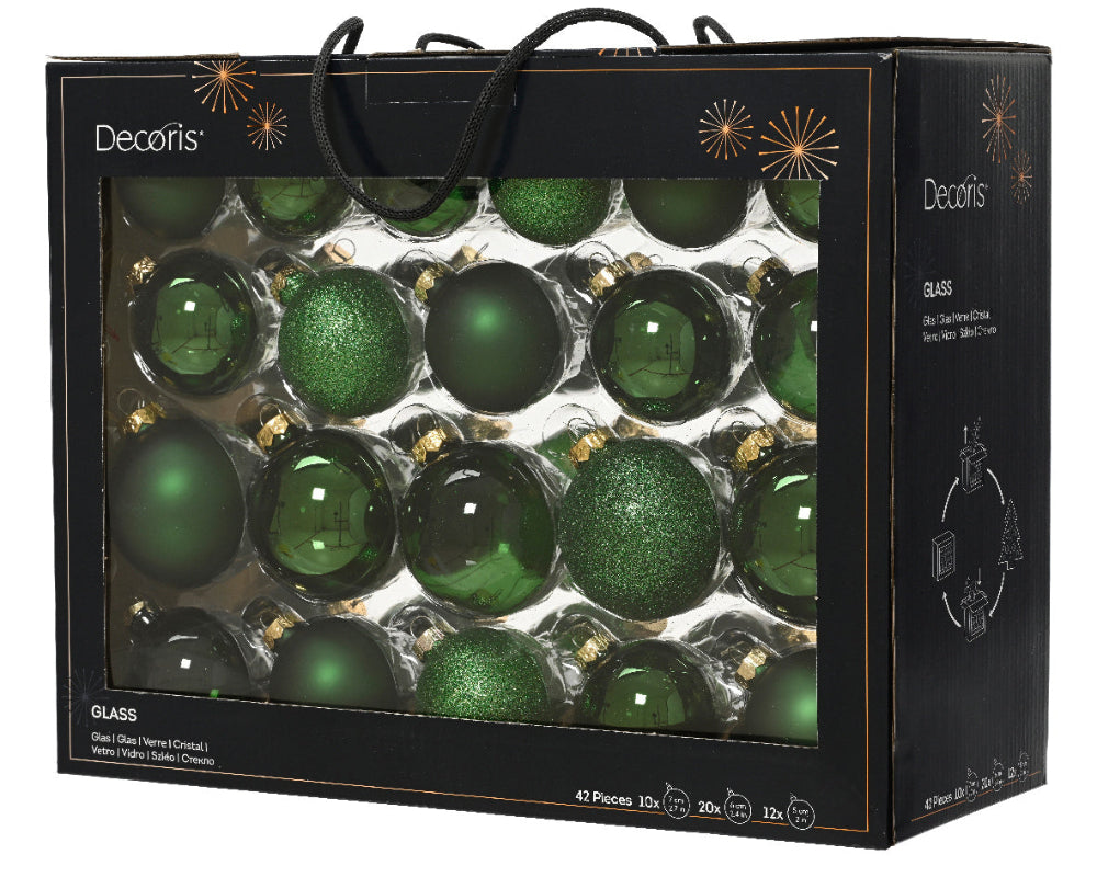 Box of 42 Glass Baubles Pine Green