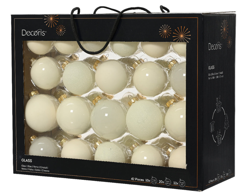 Box of 42 Glass Baubles Wool White