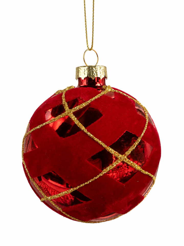 8cm Glass Bauble With Gold Line & Red Velvet