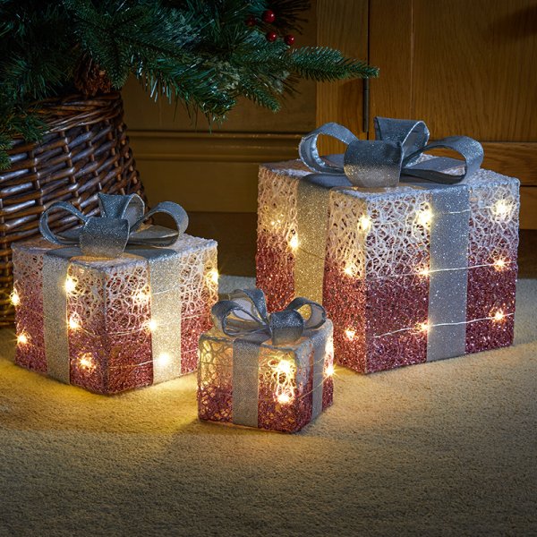 Battery Operated Pink Sparkly Faux Gift Boxes - Set of 3