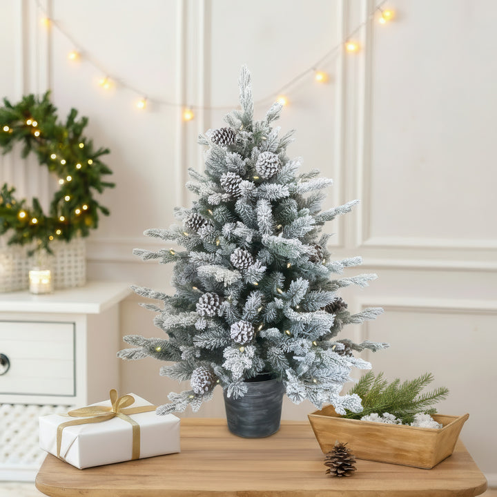 3ft Snowy Dorchester Pre-Lit Tree With Silver Pot