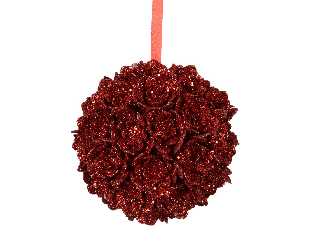 10cm Bauble Foam Glitter Flower Christmas Red