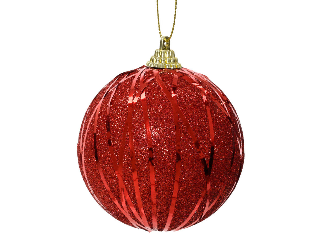 8cm Bauble Foam With Foil Lines Christmas Red