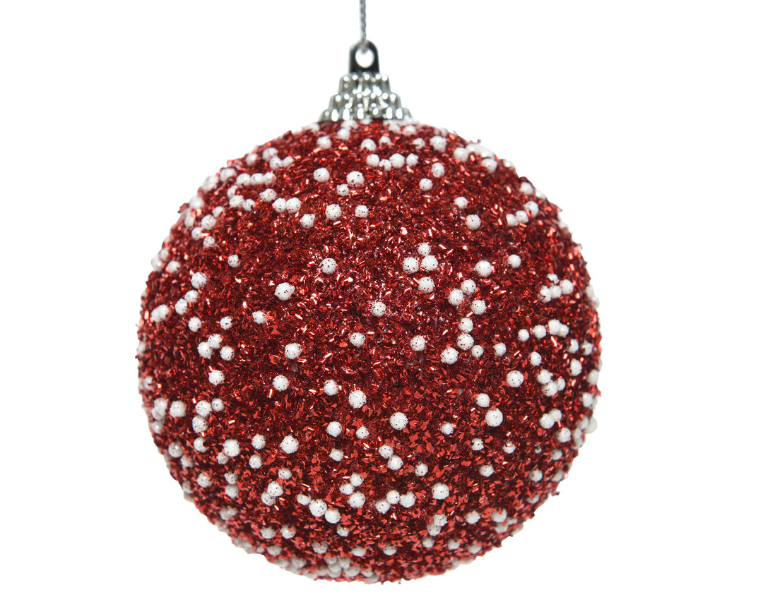 8cm Bauble Foam Glitter Red With White Dots