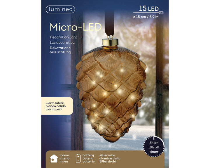 Micro LED Pinecone Steady 21cm Brown/Warm White