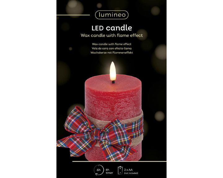 13cm LED Candle With Check Bow Red