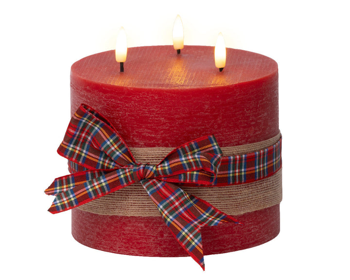 15cm LED Candle 3 Wick With Check Bow Red