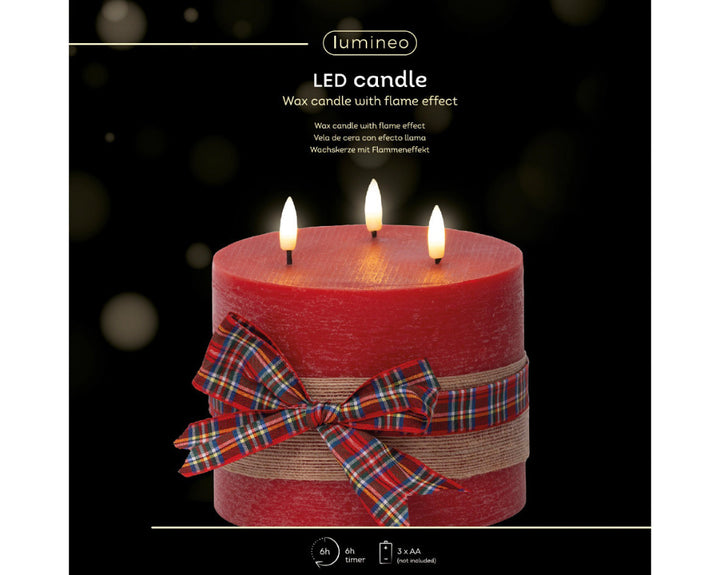 15cm LED Candle 3 Wick With Check Bow Red