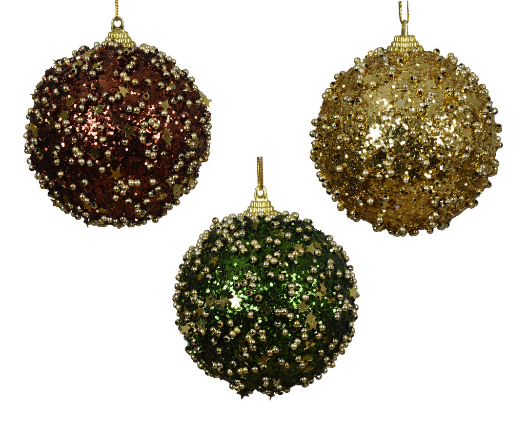 kaemingk green/ brown/ gold foam bauble foam w/ beads - set of 3