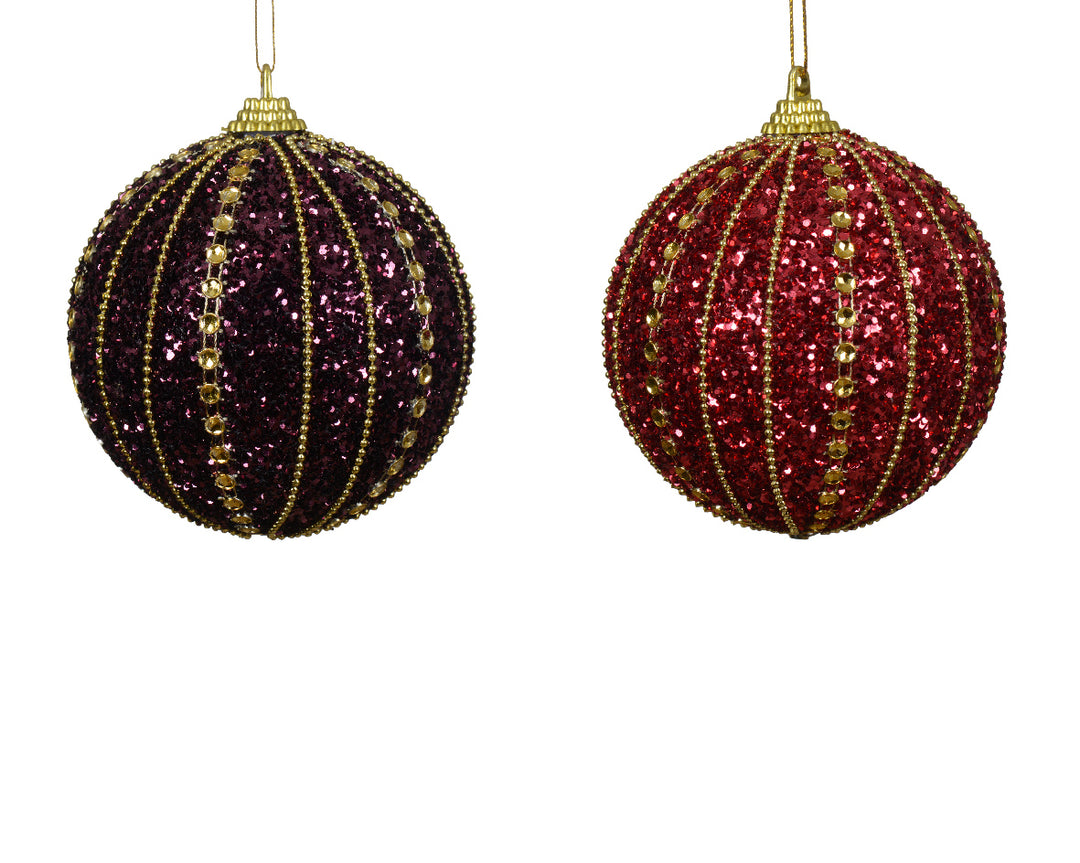 kaemingk red/purple foam bauble w/ glitter & beads - set of 2