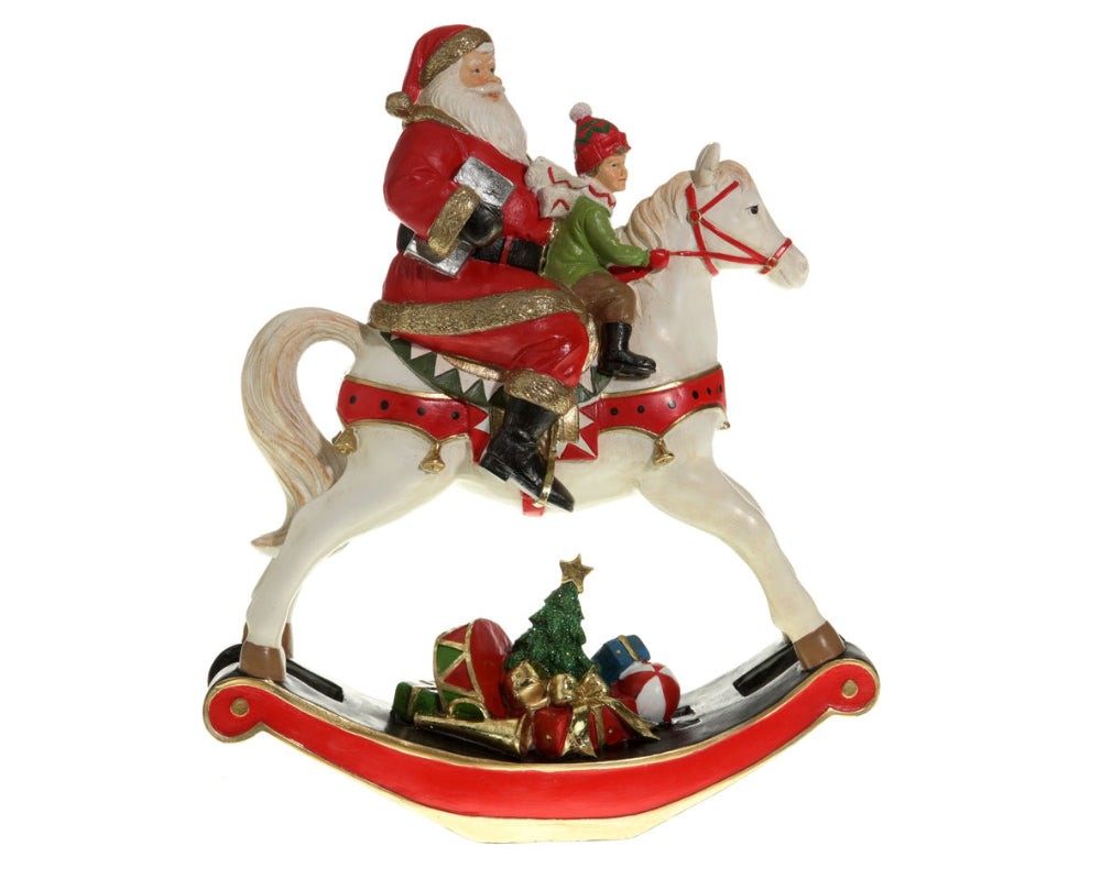 Santa Polyresin With Child On Rocking Horse