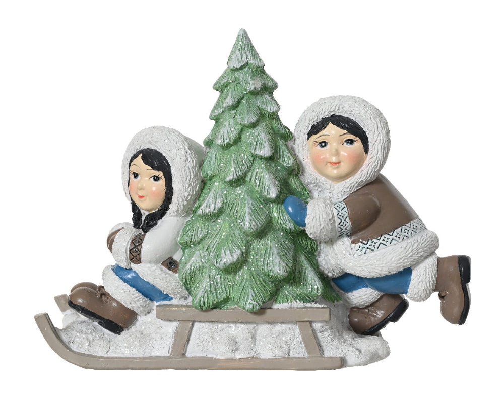 Eskimo Kids On Sleigh With Tree
