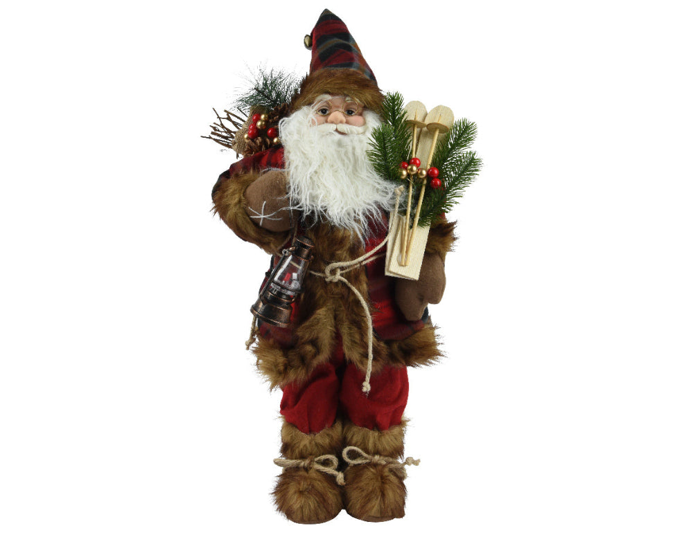 Santa With Red Fur Coat & Wooden Skiis