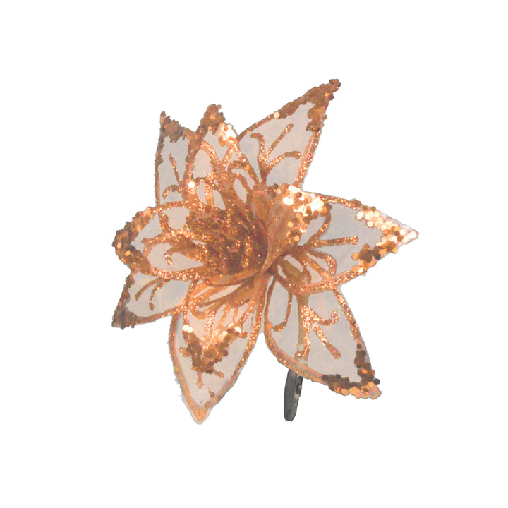 20cm Rose Gold Christmas Poinsettia Clip on Flowers Sheer & Sparkle (3x)