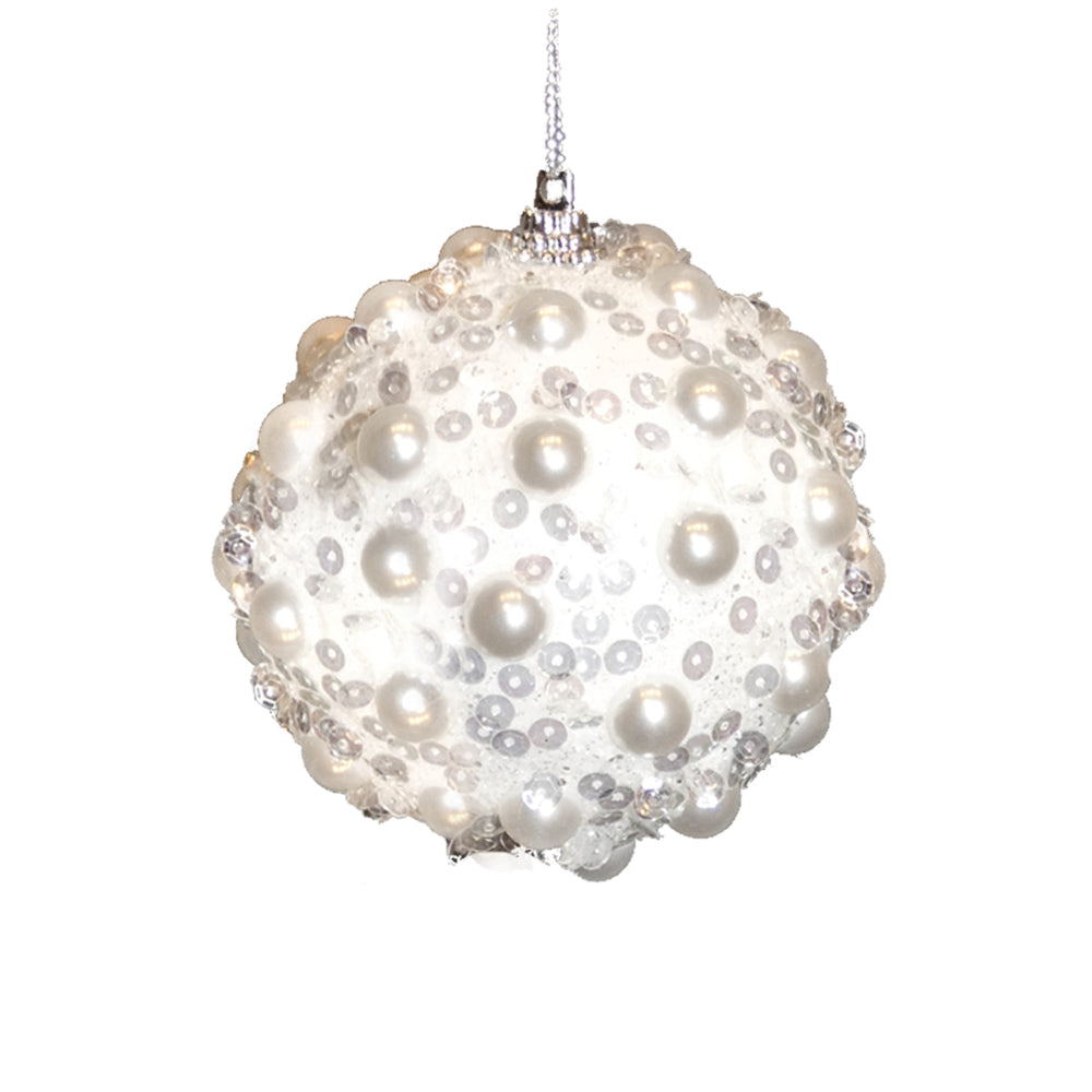 8cm White Pearl & Sequin - Bauble