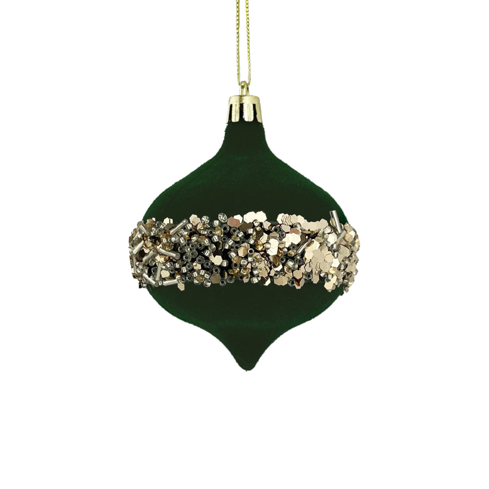 Flock Sequin Onion Bauble - Dark Green