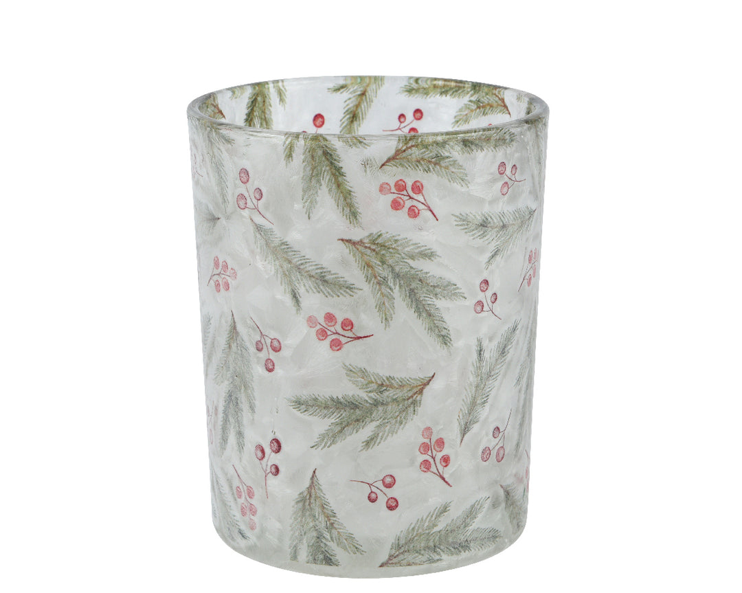 Glass Tealight Holder W/ Berries & Greenery