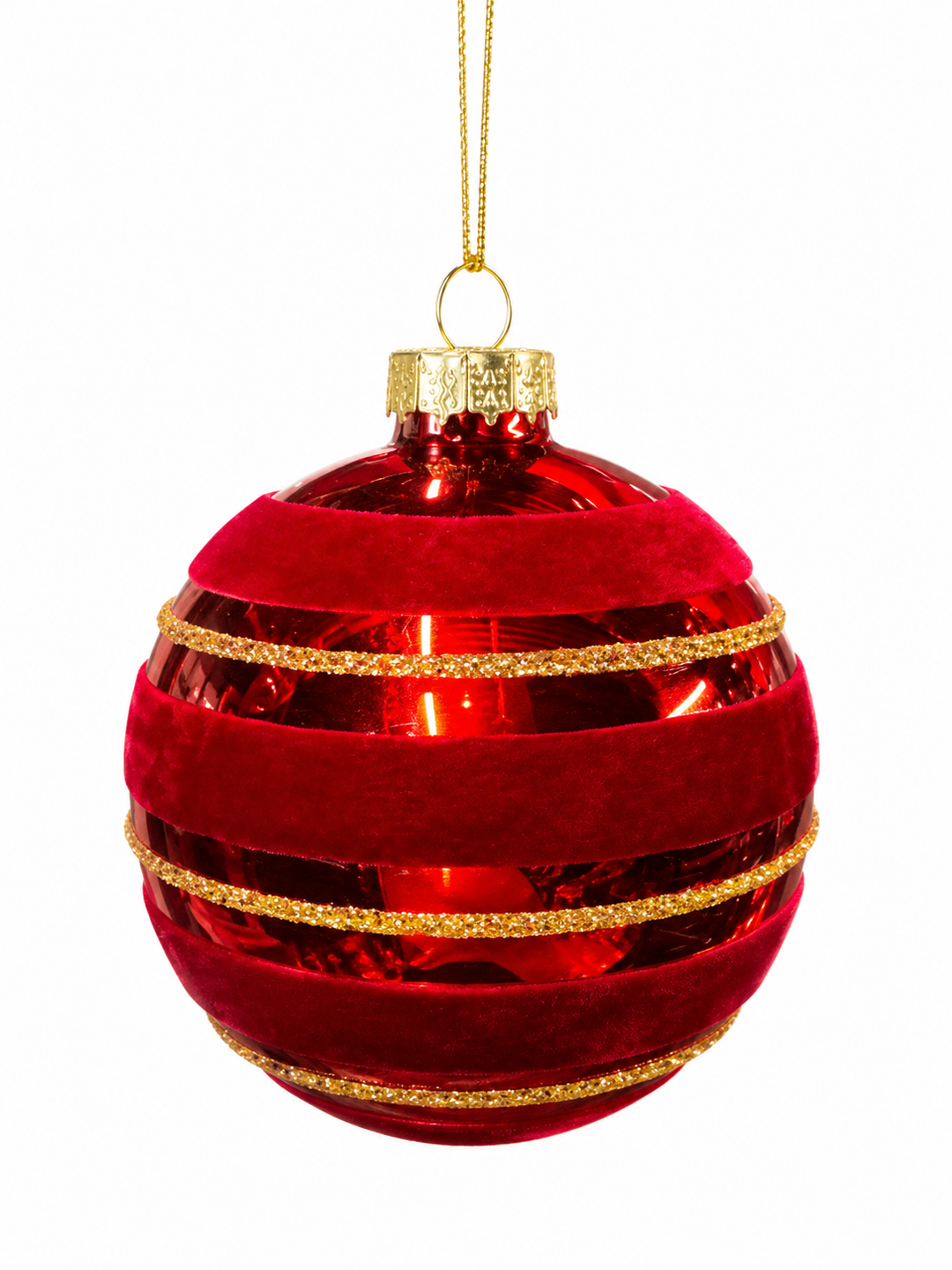 8cm Glass Bauble With Gold Line & Red Velvet