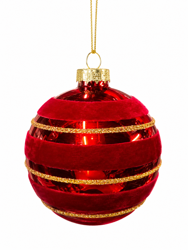 8cm Glass Bauble With Gold Line & Red Velvet