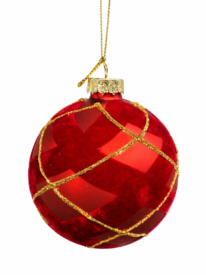 8cm Glass Bauble With Gold Line & Red Velvet