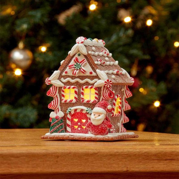 Battery Operated Gingerbread Santa Candy Cane Cottage