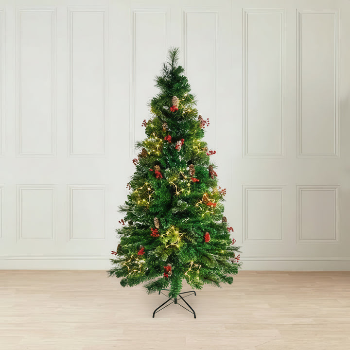 6ft Fibre Optic Christmas Tree - Snow Tipped LED With Berries & Pine Cones