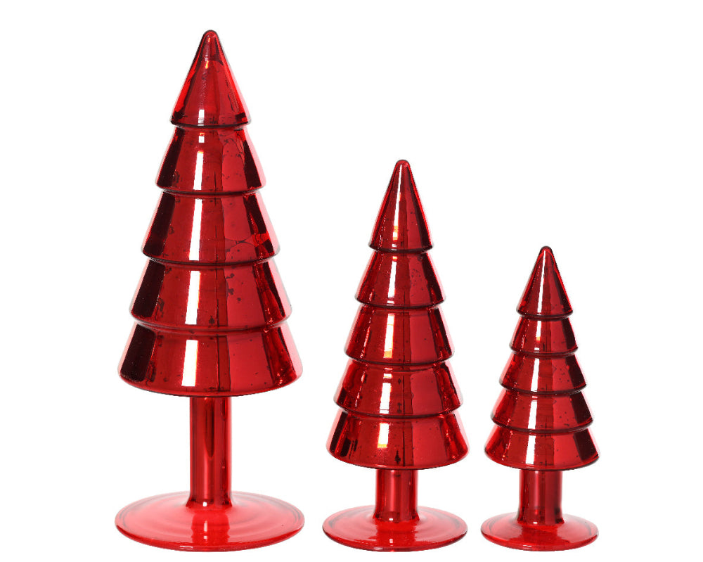 Set of three red glass Christmas trees 
