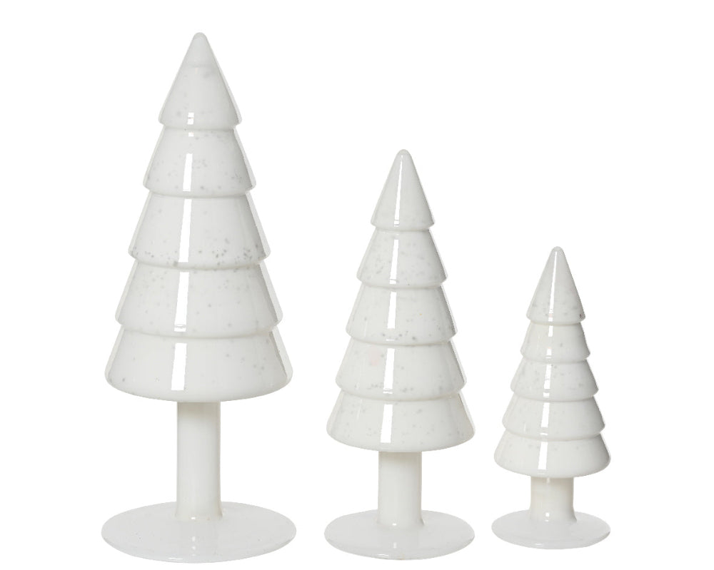 Set of three white glass Christmas trees 