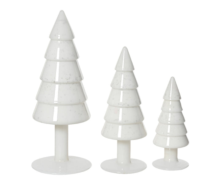 Set of three white glass Christmas trees 