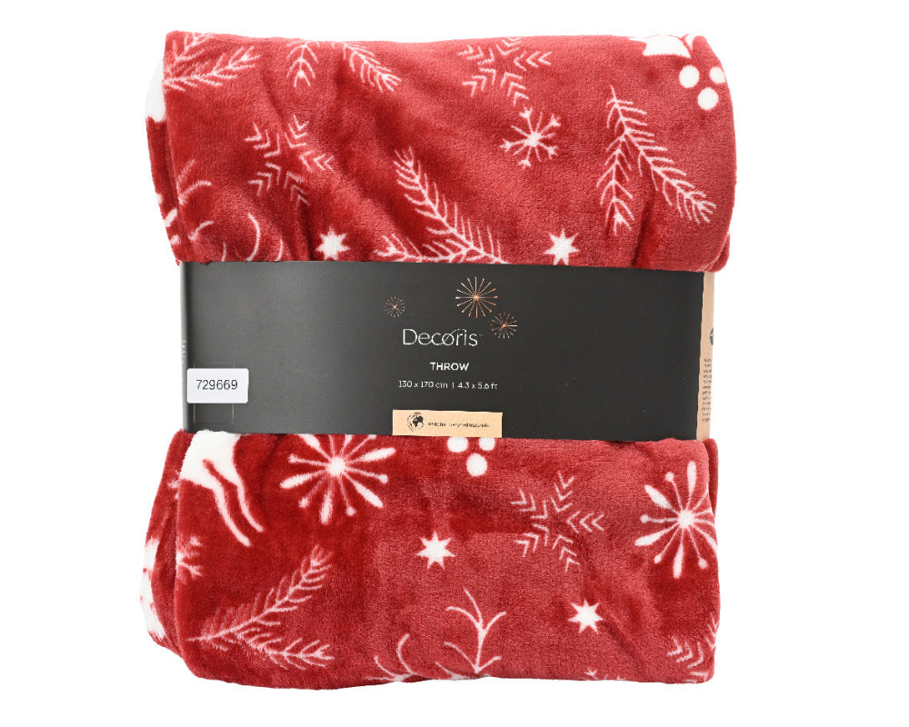 Red Throw With Snowflake & Deer Print 130x170cm
