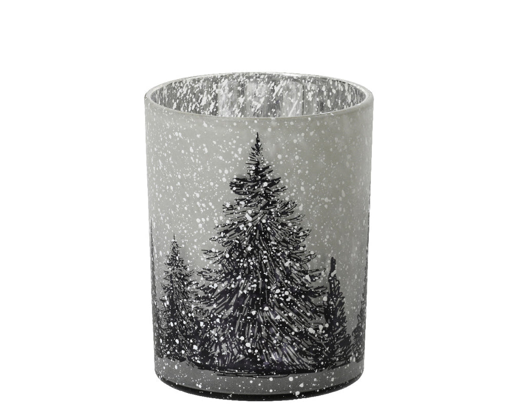 Glass Tealight Holder With Snow Finish & Tree Design