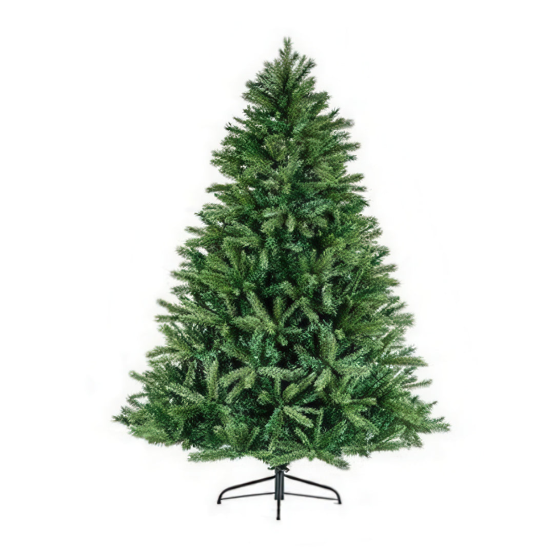 Green artificial Christmas tree on a white background