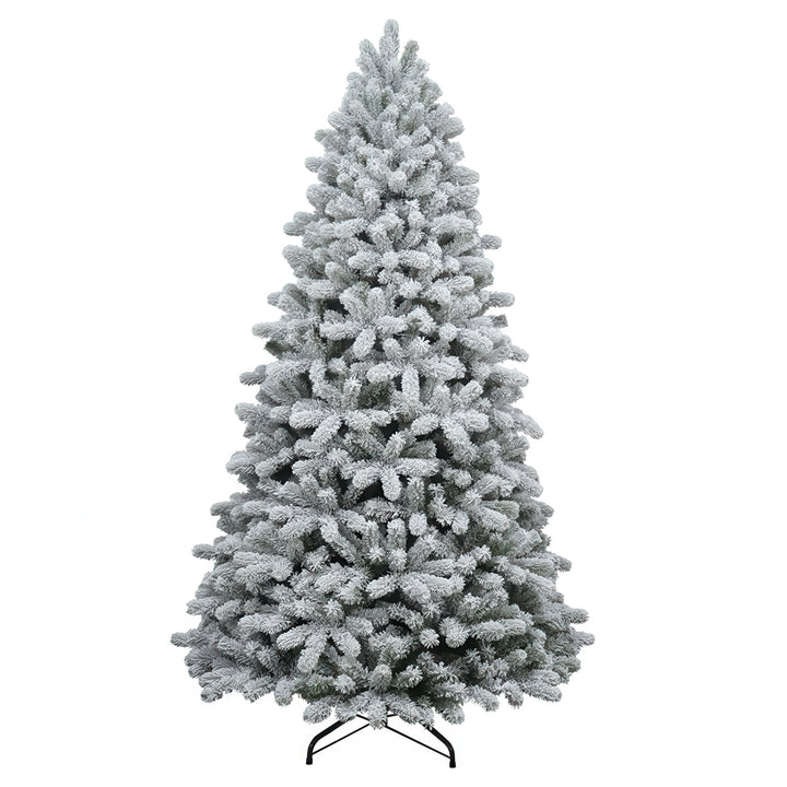 A 7ft tall flocked Christmas tree with a metal stand, unlit and showcasing a white and green color scheme.